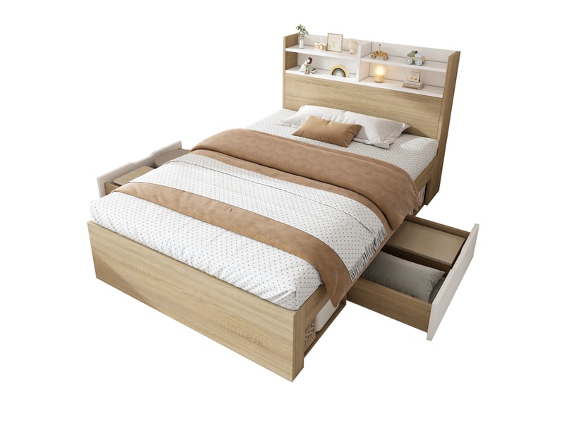  Lit simple 90x190 cm avec tête de lit, 2 tiroirs et rangements ouverts, bois, blanc et chêne, sans matelas  - Conforama A