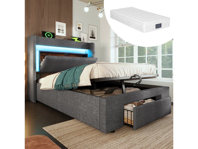  Lit capitonné, lit enfant 90x200 cm, rangement hydraulique, tête de lit avec rangement, led, usbusb-c, lin gris, matelas inclus  - Conforama A