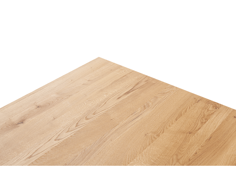  Table à manger avec bord droit coloris chêne massif naturel et pieds en métal forme croisée - longueur 220 x profondeur 100 x hauteur 76 cm  - Conforama C