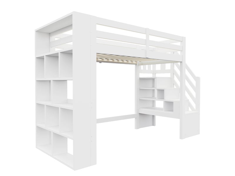 Lit mezzanine 90 × 200 cm, led, escalier de rangement et bibliothèque, espace inférieur libre, pin et mdf, blanc - Conforama E