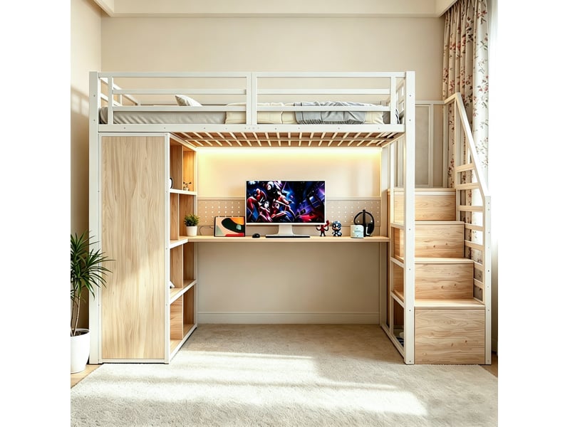  Lit mezzanine 90x200 cm avec bureau et rangements, en métal, blanc  - Conforama C