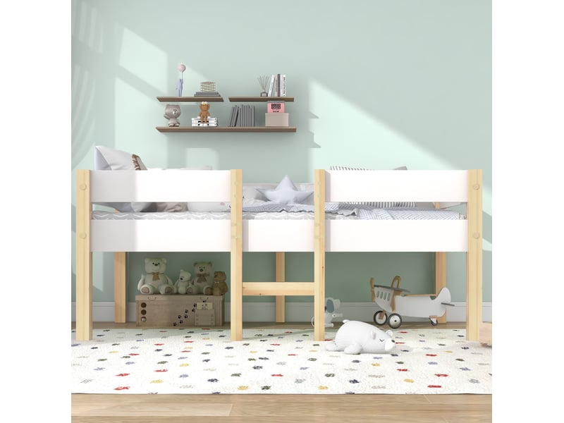  Lit enfant mi-hauteur 90x200 cm en bois avec barrières, échelle, blanc et chêne  - Conforama D