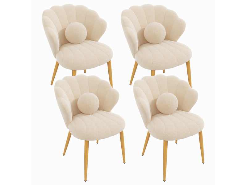  Lot de 4 chaises de salle à manger 60x62,5x83 cm, dossier coquillage, coussins, tissu teddy, pieds dorés, beige  - Conforama A