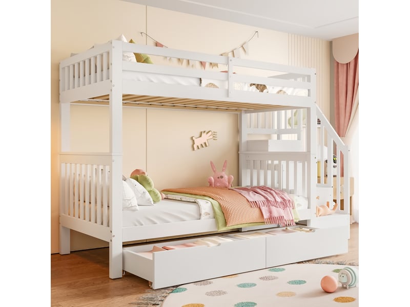  Lit superposé enfant 90x200 cm avec rangements et tiroirs blanc  - Conforama B