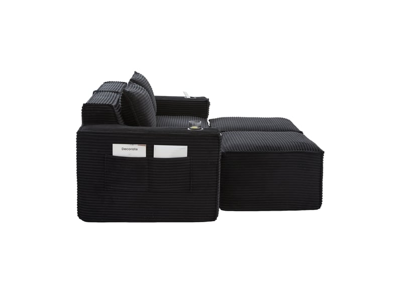  Canapé 2 places avec 2 poufs 188x162x75 cm en velours côtelé noir  - Conforama E
