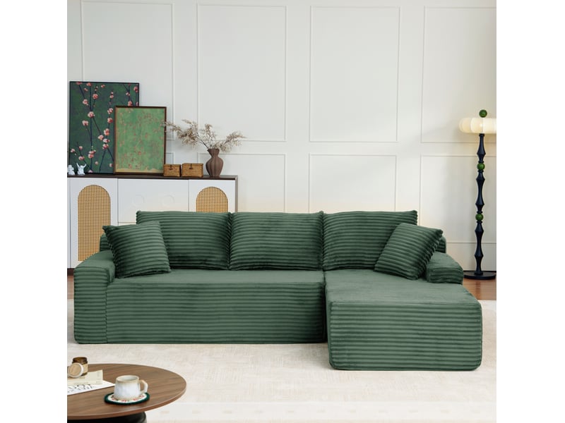  Canapé d'angle modulable droit compressé 4 places, pour salon, élégant, pratique, en mousse et velours côtelé, vert  - Conforama B