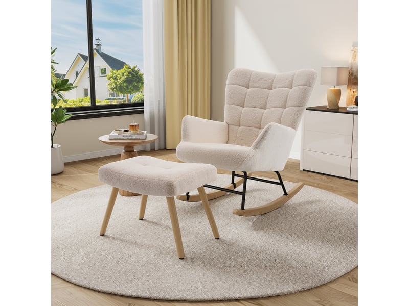  Fauteuil à bascule 91 cm avec repose-pieds, structure en métal sherpa beige  - Conforama D