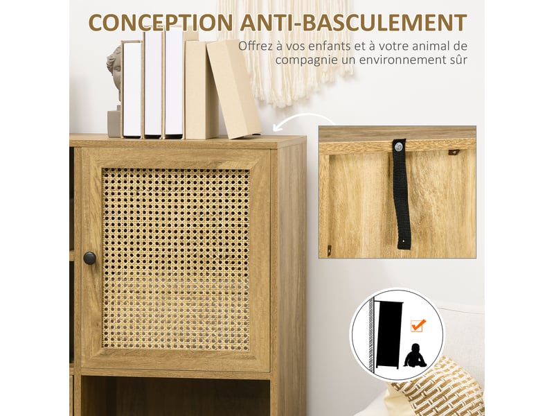 Buffet meuble de rangement armoire haut aspect bois et cannage dim. 90l x 32,5l x 120h cm - design 2 portes - Conforama R