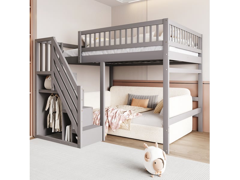  Lit mezzanine enfant 140x200 cm – gris – escalier avec rangements intégrés et garde-corps haut – sans matelas  - Conforama E