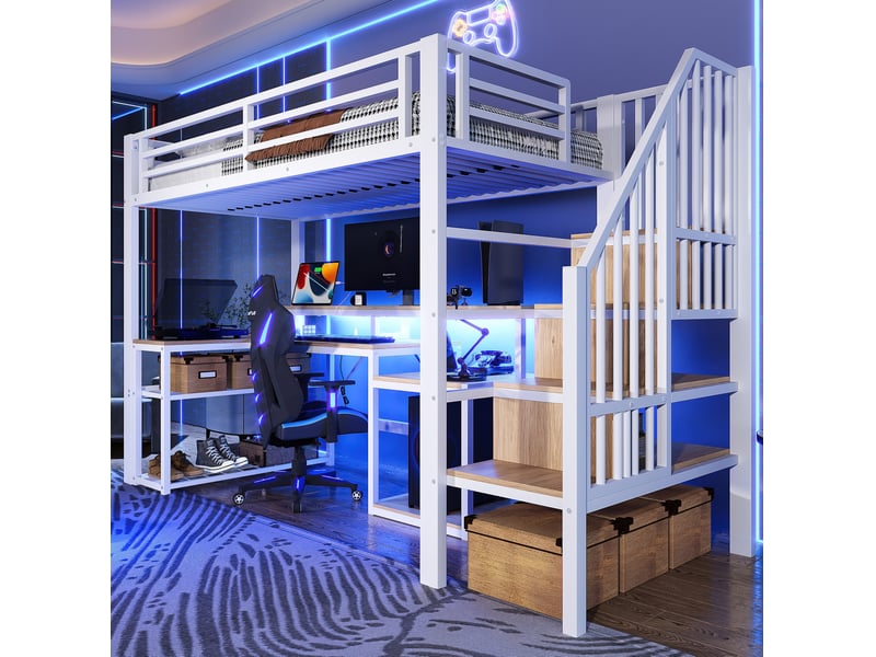  Lit mezzanine 90x200 cm avec bureau, rangement, led et usb blanc  - Conforama E