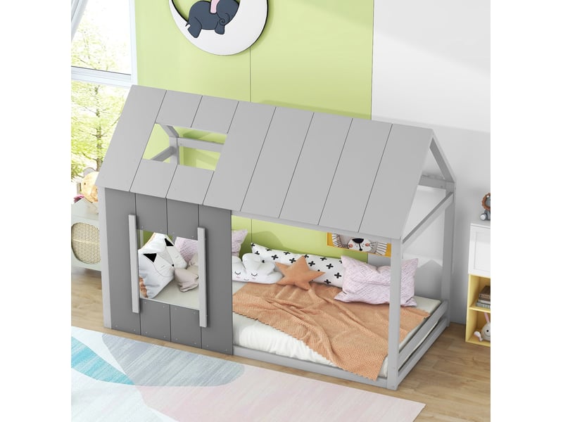  Lit enfant 90x200 cm en forme de maison avec toit et fenêtre gris  - Conforama E