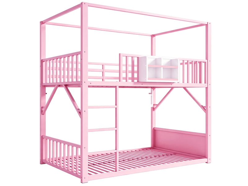  Lit superposé enfant 90x200 cm - 2 couchages - structure métal avec toit - barrière de sécurité - rangement - rose  - Conforama E