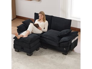 Canapé d'angle réversible fixe <strong>MERAX</strong> <strong></strong> 2 places Velours côtelé noir