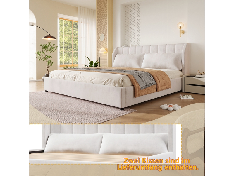  Lit double 180×200 cm tête de lit capitonnée, sommier inclus, sans matelas - okmyhome- flanelle beige  - Conforama E