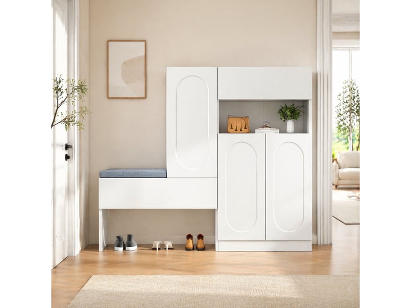  Meuble à chaussures avec banquette, 2 étagères réglables et portes à fermeture douce, blanc, 130×35×110 cm  - Conforama B