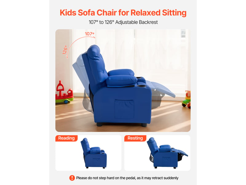  Vevor fauteuil inclinable pour enfants - chaise relax ergonomique en cuir pu, dossier réglable 107°-126°, 2 porte-gobelets, 4 poches, repose-pieds, bleu SX-81582 - Conforama B