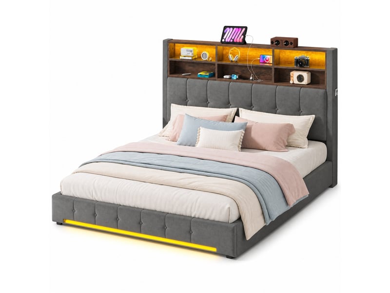  Lit coffre double 180×200 cm avec led réglable, usb-c et 6 niches - okmyhome- velours gris foncé, sans matelas  - Conforama A