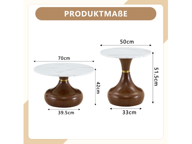  Lot de 2 tables basses rondes 70x42+50x51 cm, table d'appoint canapé, design empilable, marbre, métal, noyer et blanc  - Conforama C