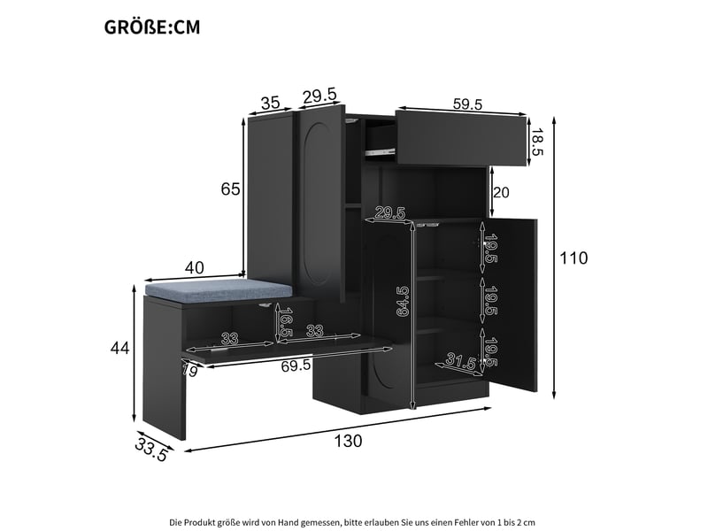  Meuble à chaussures ulevr 2-en-1 avec banc, portes à fermeture douce, 130 x 35 x 110 cm, panneaux de particules noirs  - Conforama C