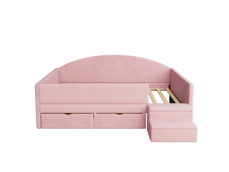 Lit enfant 90x190 cm rose en velours avec 2 tiroirs, marches antidérapantes et barrière rembourrée - Conforama R