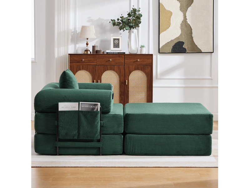  Fauteuil avec pouf ulevr modulable en velours côtelé, coussin et poche latérale, vert émeraude, 112 x 190 x 67 cm  - Conforama E