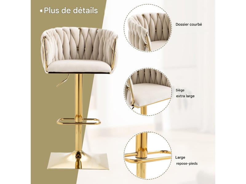  Tabouret de bar pivotant et réglable en hauteur assise ivoire pieds dorés W2845P201405 - Conforama E