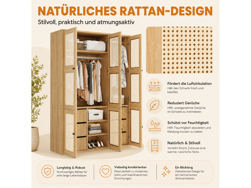  Armoire 6 portes en cannage, 2 penderies et 6 tiroirs, 135 × 47 × 200 cm, effet chêne  - Conforama E