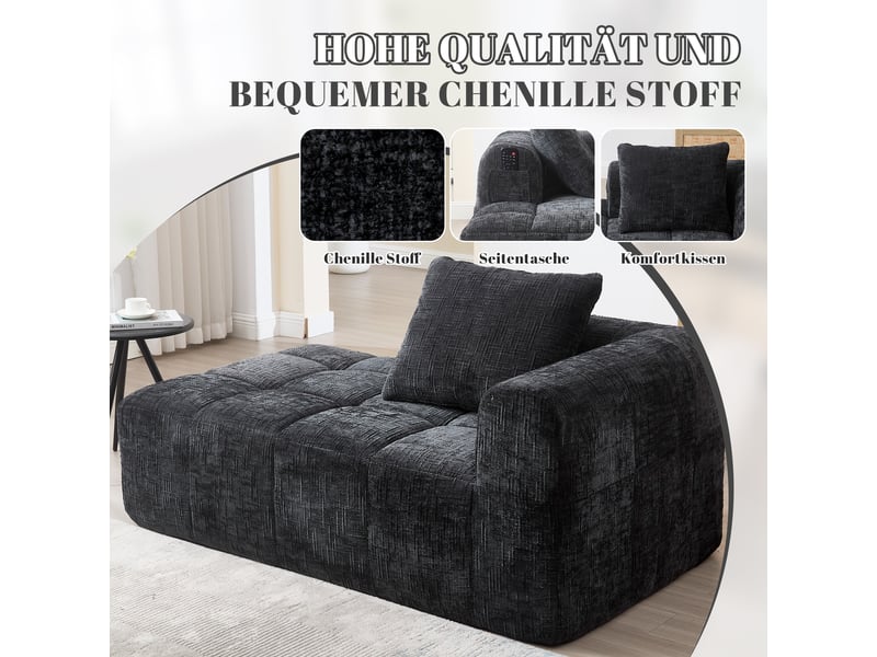  Canapé noir en chenille avec méridienne, coussin inclus et poches latérales pratiques pour salon  - Conforama E