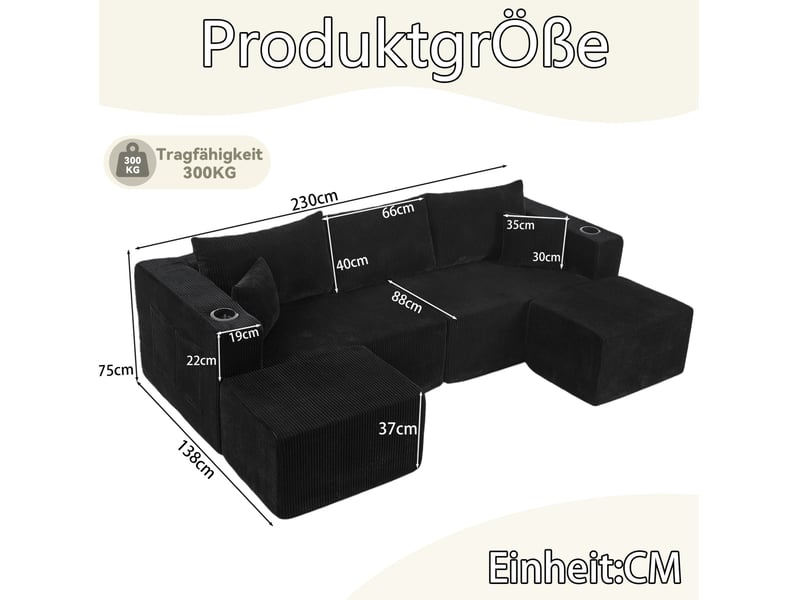 Canapé d'angle modulaire 3 places noir en velours côtelé, 2 ottomanes, porte-gobelets et rangements latéraux - Conforama C