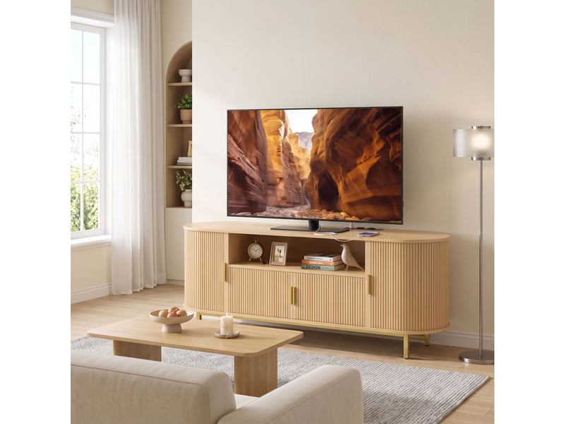  Meuble tv design ovale effet bois clair métal doré 2 portes coulissantes  - Conforama D