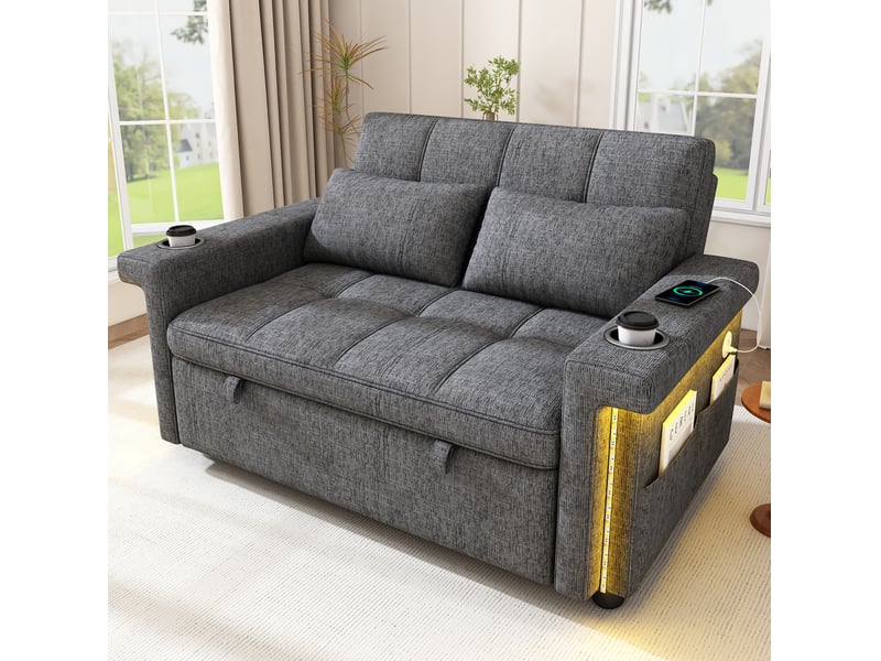  Canapé convertible 2 places modenvie avec éclairage led, ports usb et type-c, dossier réglable, tissu chenille gris, 145 x 141,5 x 90 cm  - Conforama D