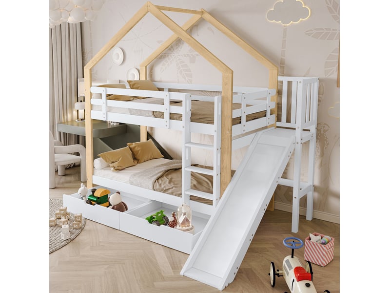  Lit superposé enfant 90x200 cm maison avec toboggan blanc et naturel  - Conforama B