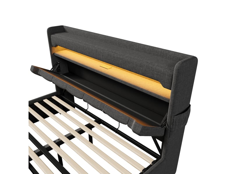  Lit coffre double 180cm*200cm en lin avec matelas, led, rangement et ports usb gris chicfurn  - Conforama E