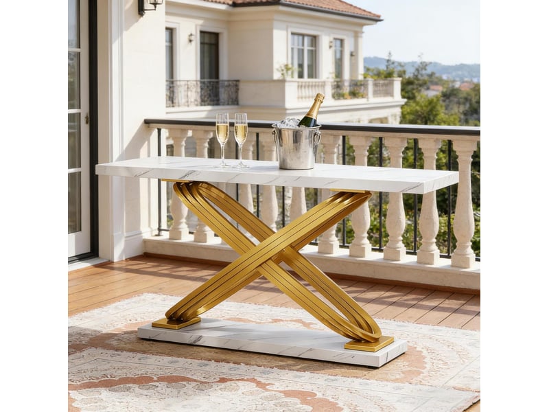  Table console dorée et blanche 140x35x80 cm – plateau placage marbre – style chic  - Conforama E