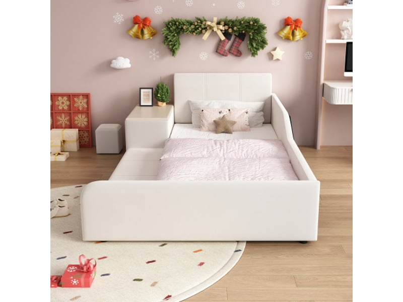  Lit enfant capitonné 90x200 cm avec bureau et tabouret, rangement, tête de lit rembourrée, bois à lattes, velours blanc  - Conforama B