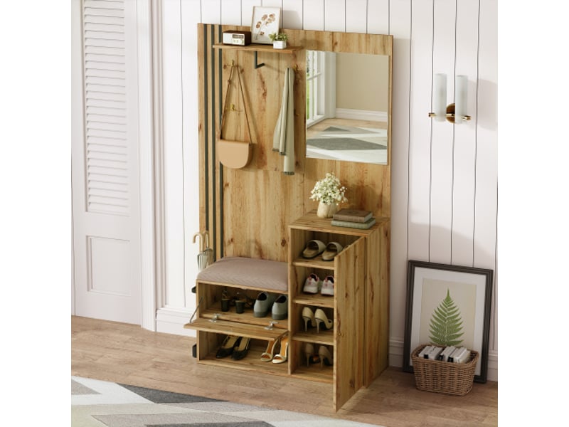  Penderie d'entrée compacte avec miroir, coussin à bordure noire, porte-parapluies et rangement chaussures – 115×185×37 cm  - Conforama D