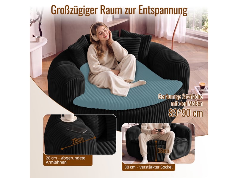  Fauteuil lounge xxl 145x133 cm avec assise profonde - 5 coussins et confort enveloppant - velours côtelé noir  - Conforama D