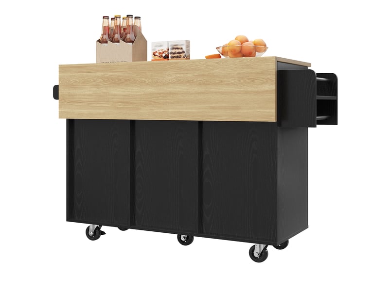  Îlot de cuisine moderne noir avec plateau rabattable, desserte sur roulettes, table à manger multifonctionnelle en métal et mdf, 110 cm  - Conforama W