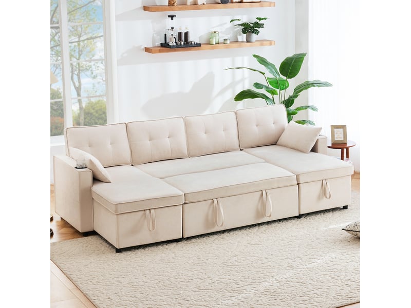  Canapé panoramique convertible modenvie 4 places avec rangement 270 x 130 cm beige aspect lin  - Conforama D