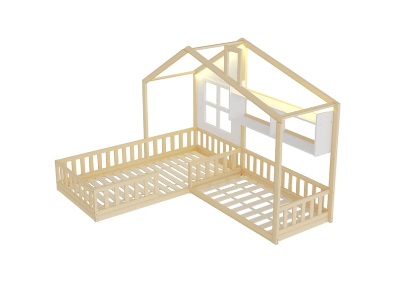 Lit cabane enfant 90x200 et 140x70 cm – bois naturel – led, étagères intégrées et sécurité - sans matelas - Conforama D