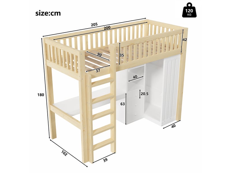 Lit mezzanine 90x200 cm avec bureau, armoire et 3 tiroirs intégrés, lit simple en pin avec rangements ouverts, escalier et garde-corps - naturel - Conforama D