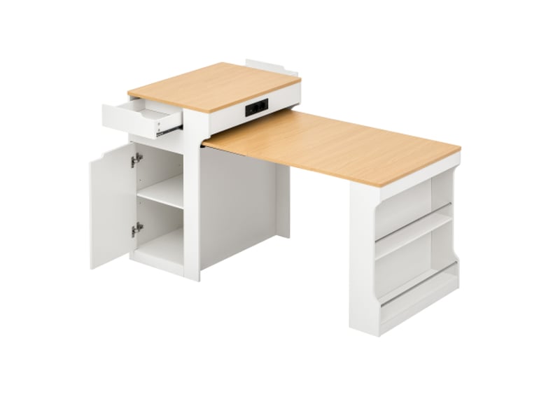  Îlot de cuisine mobile avec table extensible, multiprise intégrée et 2 tiroirs – buffet et desserte blanc  - Conforama E