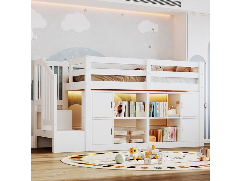  Lit mezzanine modenvie 90 x 200 cm avec rangements, escalier et éclairage led blanc  - Conforama E