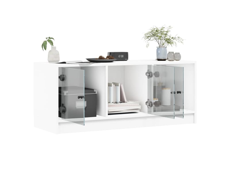  Meuble tv - banc tv - meuble de rangement avec portes en verre blanc 102x37x42 cm  - Conforama E