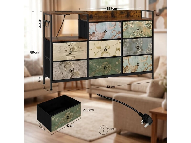  Commode avec 8 tiroirs en tissu, niche ouverte, prises et ports usb pour chambre ou une entrée, 132 × 29 × 88 cm  - Conforama E