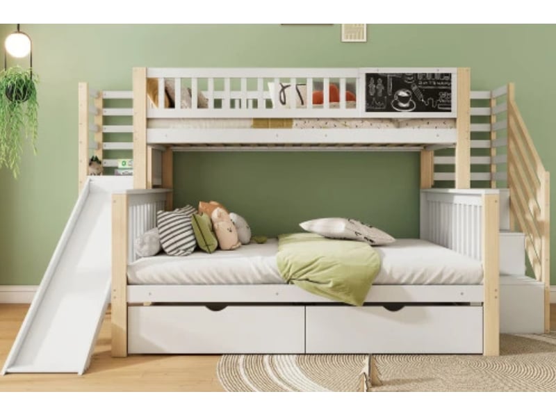  Lit maison enfant 140×200 + 90×200cm, escalier + toboggan + rangements, blanc  - Conforama B