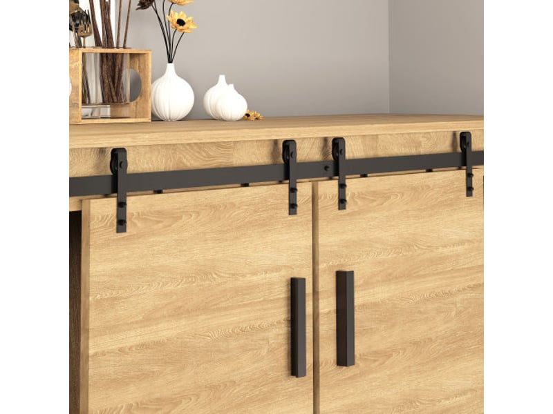 Kit de ferrure pour portes coulissantes doubles 200 cm en acier carbone noir avec rail et accessoires, système moderne pour portes intérieures élégantes - Conforama C
