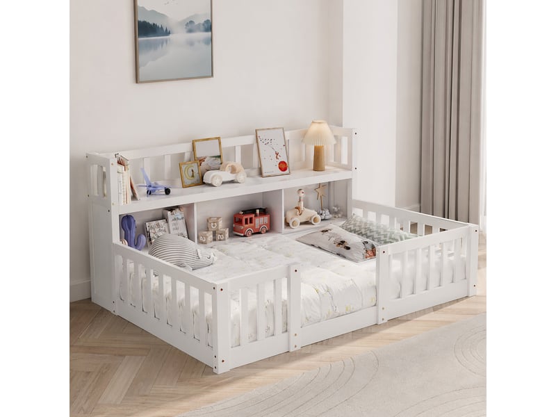  Lit enfant 90x200 cm avec rangements et bibliothèque,lit au sol avec barrières de sécurité,lit simple,pin massif, blanc  - Conforama B