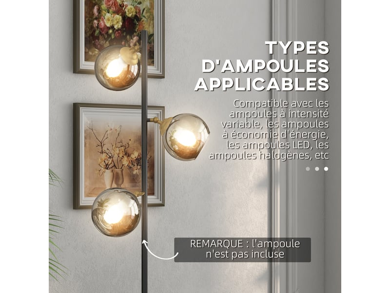  Lampadaire sur pied salon en métal avec 3 abat-jours globe chromé métal 40w  36 x 162h cm noir et gris  - Conforama W