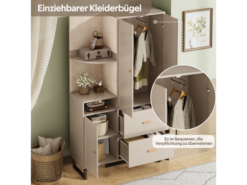  Armoire d'entrée 110x38x186 cm - vestiaire avec panneau rembourré, penderie, 2 tiroirs, rangement chaussures  - Conforama E